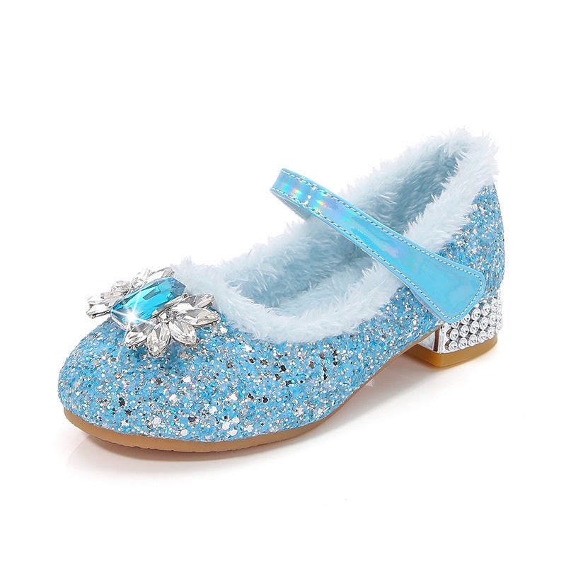 Girls'' Shoes for Autumn and Winter, Fleece-Lined Elsa Princess Shoes, Little Girls'' High Heels, Baby Girls'' Crystal Shoes, Elsa Princess - Image 1