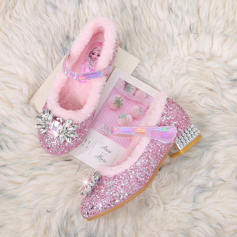 Girls'' Shoes for Autumn and Winter, Fleece-Lined Elsa Princess Shoes, Little Girls'' High Heels, Baby Girls'' Crystal Shoes, Elsa Princess - Image 4