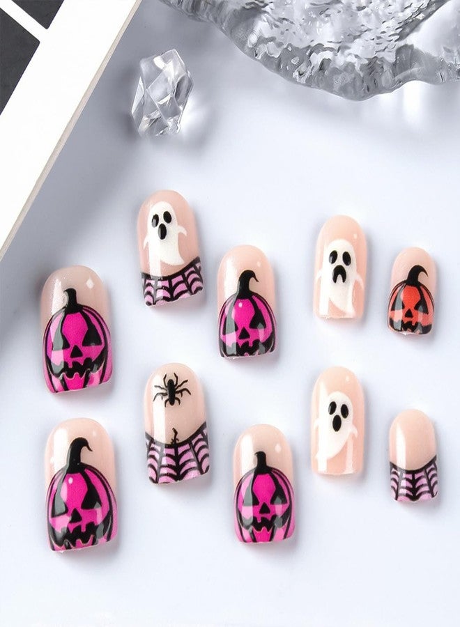 HJKDSFD Halloween Nude Press on Nails Short Square Fake Nails Cute Pink Pumpkin False Nails with Ghost Spider Designs Cobweb French Tip Acrylic Nails Full Cover Stick on Nail for Women Girls 24Pcs - Image 2