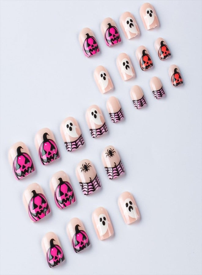 HJKDSFD Halloween Nude Press on Nails Short Square Fake Nails Cute Pink Pumpkin False Nails with Ghost Spider Designs Cobweb French Tip Acrylic Nails Full Cover Stick on Nail for Women Girls 24Pcs - Image 3