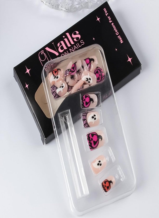 HJKDSFD Halloween Nude Press on Nails Short Square Fake Nails Cute Pink Pumpkin False Nails with Ghost Spider Designs Cobweb French Tip Acrylic Nails Full Cover Stick on Nail for Women Girls 24Pcs - Image 4