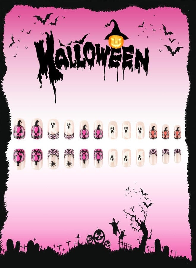 HJKDSFD Halloween Nude Press on Nails Short Square Fake Nails Cute Pink Pumpkin False Nails with Ghost Spider Designs Cobweb French Tip Acrylic Nails Full Cover Stick on Nail for Women Girls 24Pcs - Image 5