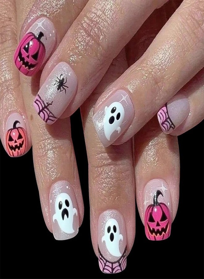 HJKDSFD Halloween Nude Press on Nails Short Square Fake Nails Cute Pink Pumpkin False Nails with Ghost Spider Designs Cobweb French Tip Acrylic Nails Full Cover Stick on Nail for Women Girls 24Pcs - Image 1