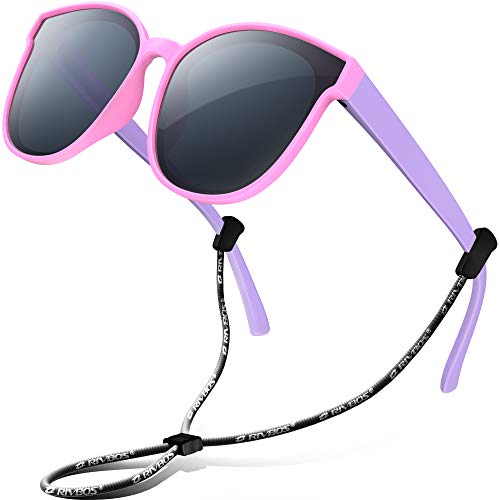 RIVBOS kids Sunglasses Girls with Strap Polarized UV Protection Flexible Shades for Baby and Children Age 2-10 RBK002-3 Pink - Image 1