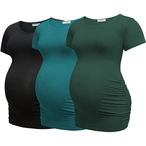 Bearsland Womens Maternity Tshirt 3 Packs Classic Side Ruched Tee Top Mama Pregnancy Clothes,Black+Lakeblue+dpgreen,L - Image 1