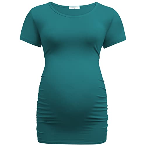Bearsland Womens Maternity Tshirt 3 Packs Classic Side Ruched Tee Top Mama Pregnancy Clothes,Black+Lakeblue+dpgreen,L - Image 2