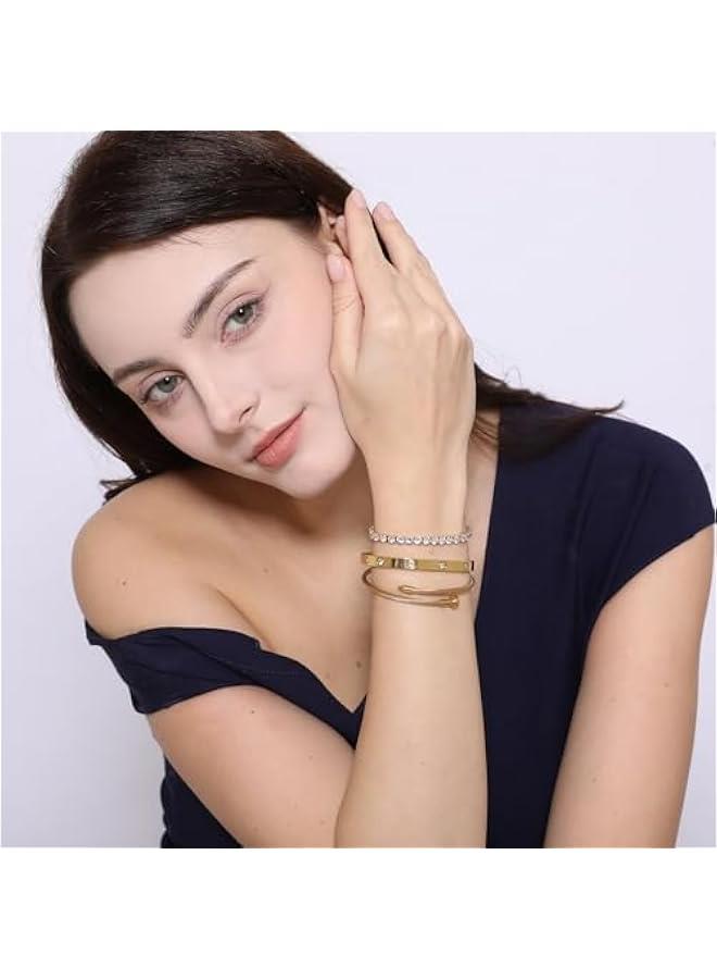 عربست اي دي الين ودانمي. مجموعة اساور حلقية مطلية بالذهب عيار 18 قيراط مع سوار معصم عريض ومرن للحب - Image 5