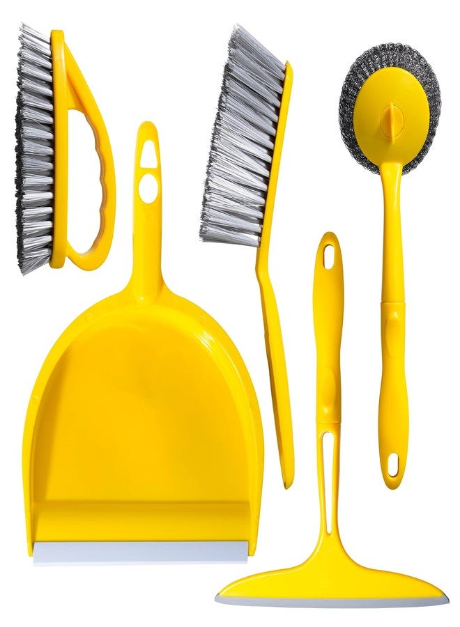 Oneleaf 5-Piece Mini Desktop Cleaning Kit - Dust Pan Set with Wire Brush, Duster & Scouring Pad - Yellow Household Tools for Desk, Keyboard & Small Spaces - Image 1