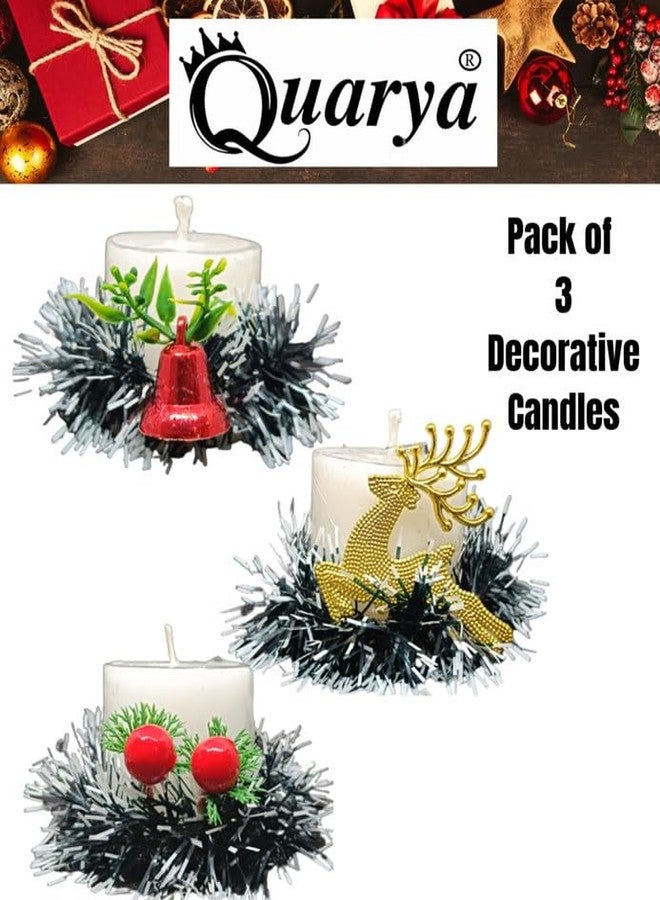 Quarya Beautiful White Wax Pillar Round Merry Christmas Candles with Decoration Items for Xmas Reindeer (Pack of 3) - Image 2
