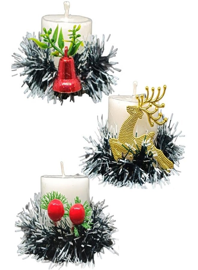 Quarya Beautiful White Wax Pillar Round Merry Christmas Candles with Decoration Items for Xmas Reindeer (Pack of 3) - Image 1
