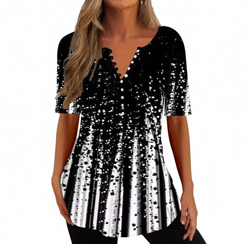 Women's V-Neck Short Sleeve Pleated Button Shirt Blouse