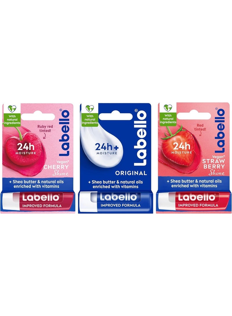 Labello لابيلو للعناية بالشفتين، لمعة الكرز، 4.8 جرام + لابيلو للعناية بالشفتين، الأصلي، 4.8 جرام + لابيلو للعناية بالشفتين، لمعة الفراولة، 4.8 جرام - Image 1