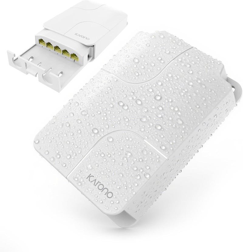 Karono Gigabit PoE Outdoor Waterproof Extender 5 Port, 1 PoE in & 4 PoE Out 90W Ethernet Passthrough Switch, IEEE 802.3af/at/bt Compatible, Plug and Play, Wall Mount - Image 1