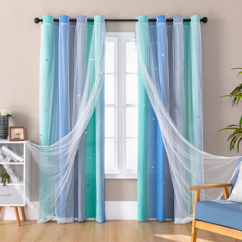 XiDi Dream Star Blackout Curtains for Kids Rooms Girl Princess Curtain for Daughter Bedroom Window Blue Green Grey W52 X L72