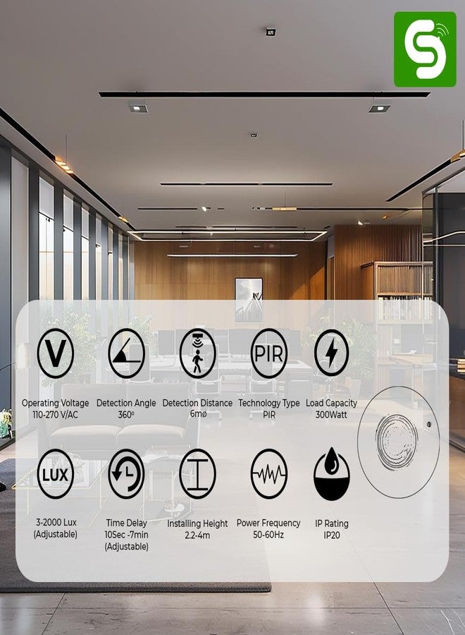 ESYSENSE PIR Motion Sensor Switch | 360° Ceiling Mounted Light Controller with LUX Sensor | 6M Detection Range Auto ON/Off | Energy-Saving Lighting Control for Home, Office, Garage, Indoor (ESY-P32) ESYSENSE - Image 2