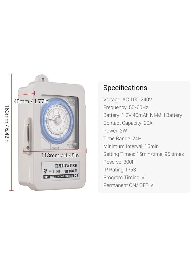DUNISO Mechanical Timer，Mechanical 24 Hours Timer Switch,Programmable IP53 Rated Electrical Box,  96 Times ON/OFF, with Mounting Hole, Dustproof Waterproof Cover,Suitable for Street Lights, Ventilation, Fountains  - Image 3