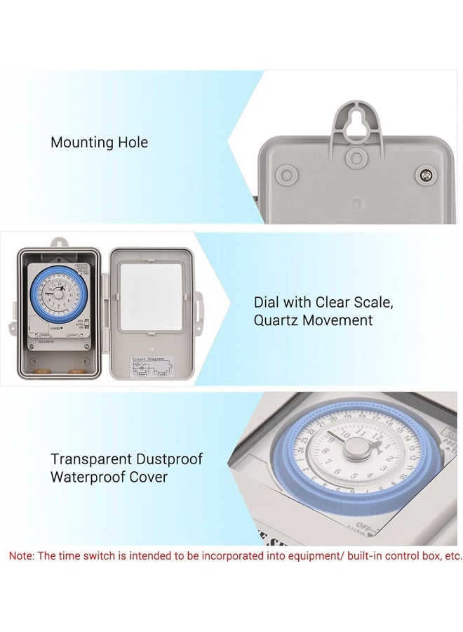 DUNISO Mechanical Timer，Mechanical 24 Hours Timer Switch,Programmable IP53 Rated Electrical Box,  96 Times ON/OFF, with Mounting Hole, Dustproof Waterproof Cover,Suitable for Street Lights, Ventilation, Fountains  - Image 4