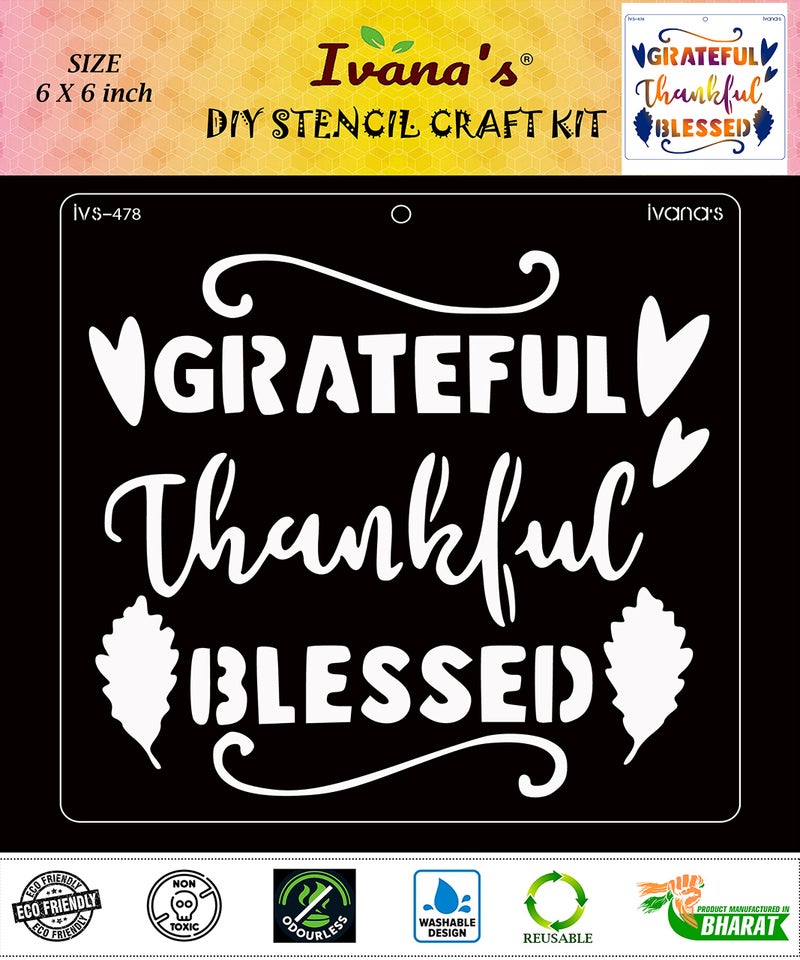 IVANA'S Thankful Stencil for Art & Craft, Reusable DIY Decorative Stencil for Painting on Canvas, Fabric, Cloth, Paper, Glass, Furniture and Wall, Size - 6 x 6 inch, IVS-478, Off White - Image 1