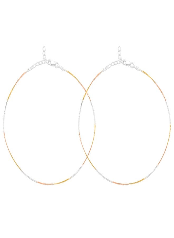 ZAVYA 925 Sterling Silver Designer Triple Tone Rhodium, Gold & Rose Gold Plated Chain Anklet (Pair) | With Certificate of Authenticity & 925 Hallmark | Gift for Women & Girls - Image 1