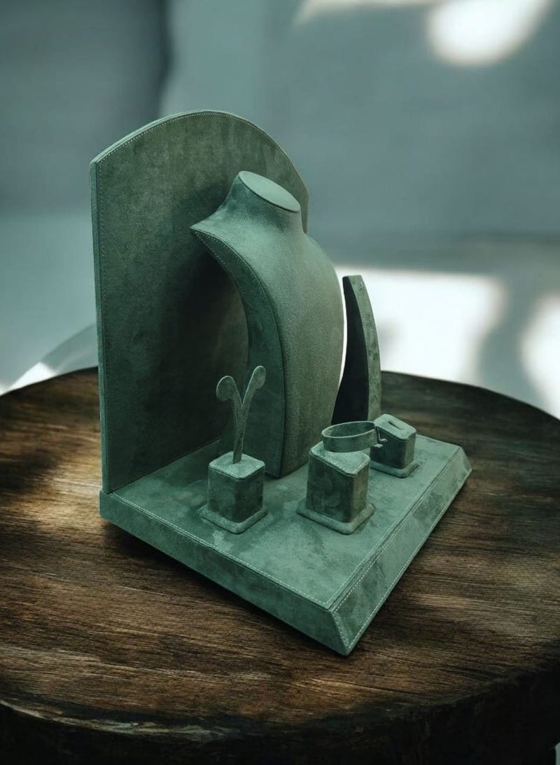 Al Seraj Jewelry Display Stand 5 Piece Set Made in UAE | Premium Green Suede Organizer Holder for Necklace Ring Bracelet Earring Bangle | Luxury Showcase for Shop Exhibition Photography Home - Image 4