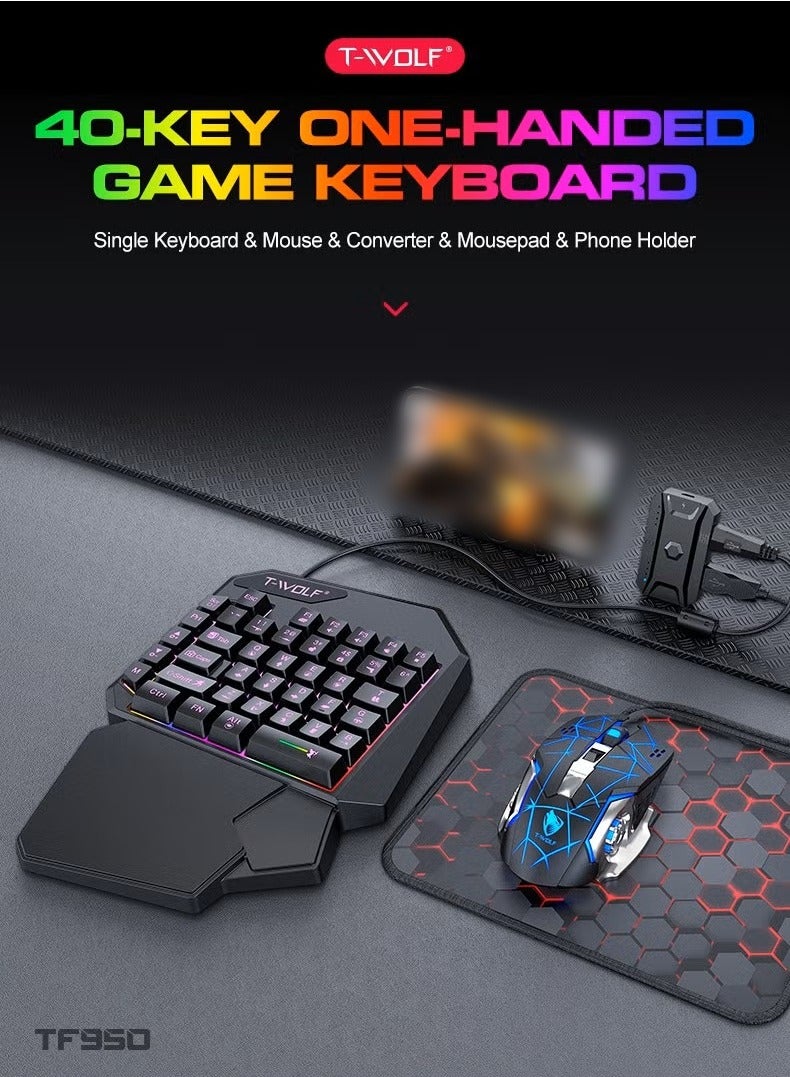 تي- وولف ماوس ألعاب 40 مفتاحًا لوحة مفاتيح ألعاب يدوية واحدة، لون RGB مقاوم للماء مناسب لألعاب الكمبيوتر/Ps4/Xbox، Android PUBG CODM Genshin Diablo جميع الألعاب - Image 2