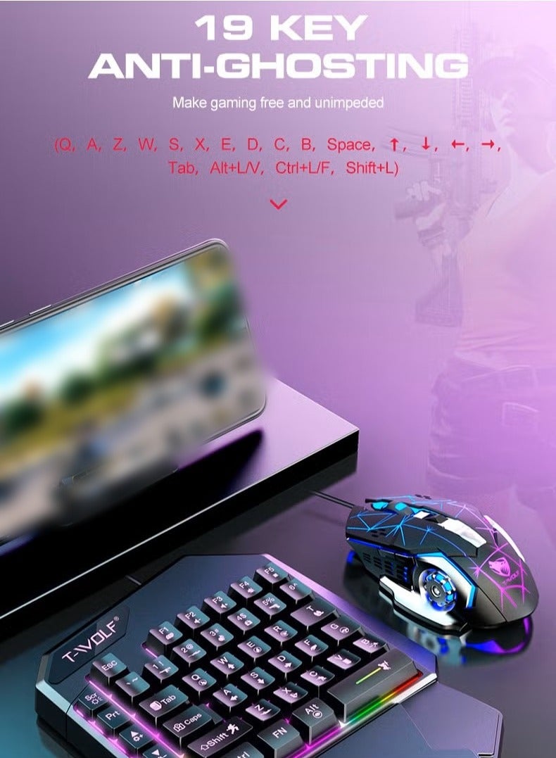 تي- وولف ماوس ألعاب 40 مفتاحًا لوحة مفاتيح ألعاب يدوية واحدة، لون RGB مقاوم للماء مناسب لألعاب الكمبيوتر/Ps4/Xbox، Android PUBG CODM Genshin Diablo جميع الألعاب - Image 5