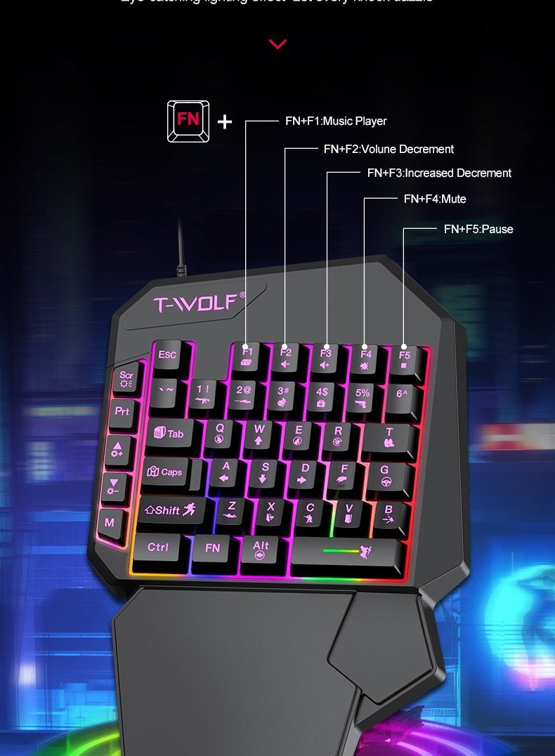 تي- وولف ماوس ألعاب 40 مفتاحًا لوحة مفاتيح ألعاب يدوية واحدة، لون RGB مقاوم للماء مناسب لألعاب الكمبيوتر/Ps4/Xbox، Android PUBG CODM Genshin Diablo جميع الألعاب - Image 3
