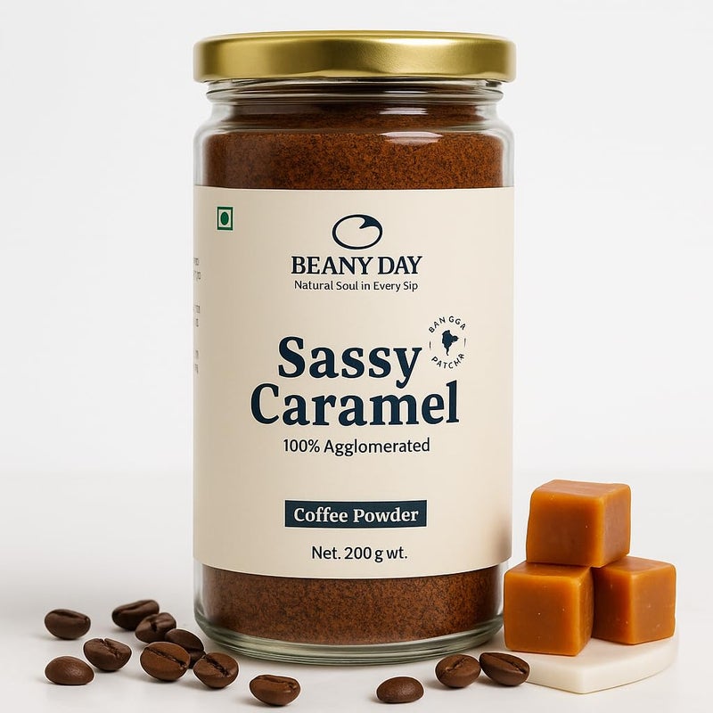 Beany Day Sassy Caramel 200gm Strong Coffee Powder | Instant & Flavored Coffee Powder for Cappuccino | Instant Coffee Sachet Alternative - Image 1