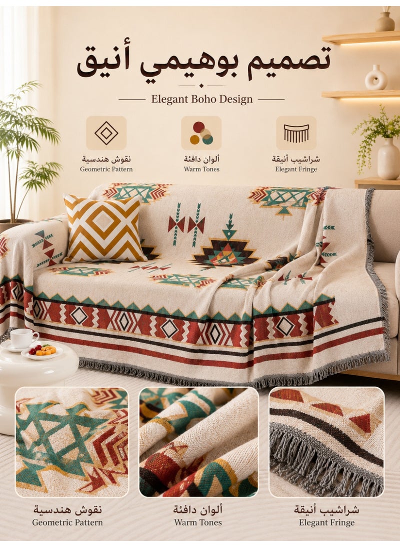 آه آه غطاء أريكة كبير الحجم متعدد الوظائف وقابل للقلب، غطاء أريكة متعدد الاستخدامات، بطانية كبيرة مزينة بأهداب رقيقة، 180 × 180 سم، بتصميم هندسي فني - Image 5
