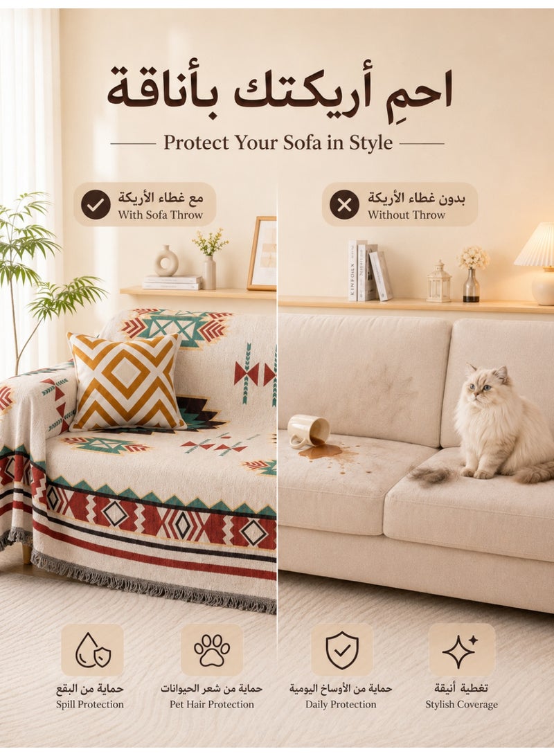 آه آه غطاء أريكة كبير الحجم متعدد الوظائف وقابل للقلب، غطاء أريكة متعدد الاستخدامات، بطانية كبيرة مزينة بأهداب رقيقة، 180 × 180 سم، بتصميم هندسي فني - Image 4
