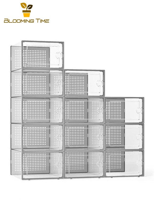 BLOOMING TIME 12Pcs Shoe Box, Transparent Shoe Box, Clamshell Storage Box, Foldable Dustproof and Breathable Plastic Shoe Box, Simple Shoe Box, White - Image 1