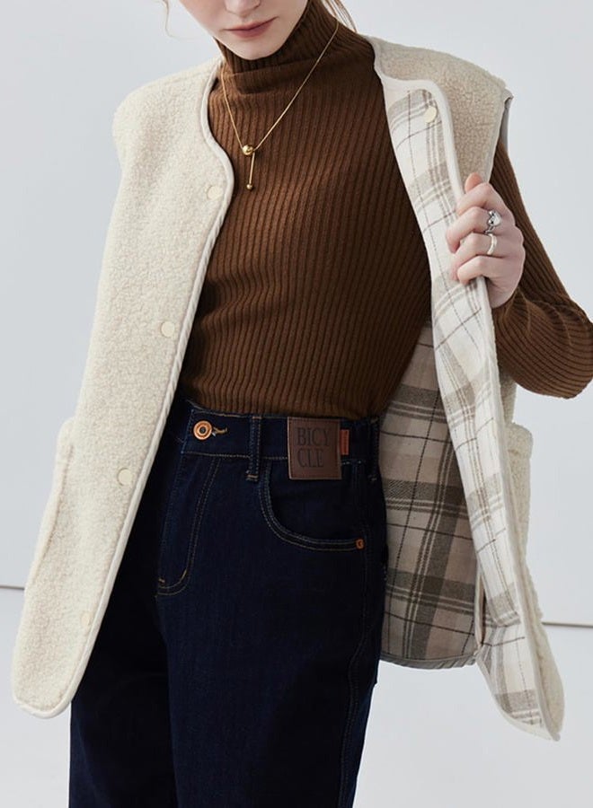 CUFEZN Women's Fuzzy Sherpa Fleece Vest Casual Reversible Plaid Sleeveless Warm Jacket Button Down Winter Outerwear, Beige, XL - Image 3