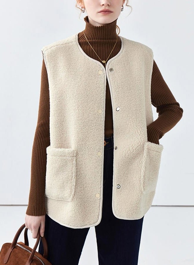 CUFEZN Women's Fuzzy Sherpa Fleece Vest Casual Reversible Plaid Sleeveless Warm Jacket Button Down Winter Outerwear, Beige, XL - Image 2