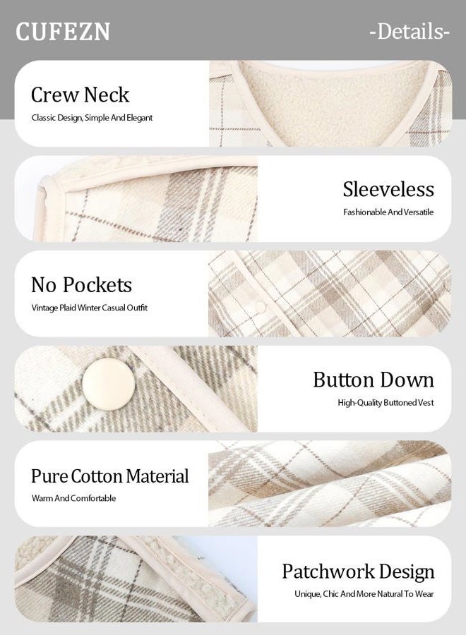 CUFEZN Women's Fuzzy Sherpa Fleece Vest Casual Reversible Plaid Sleeveless Warm Jacket Button Down Winter Outerwear, Beige, XL - Image 5