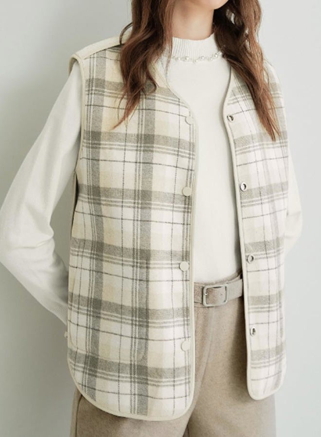 CUFEZN Women's Fuzzy Sherpa Fleece Vest Casual Reversible Plaid Sleeveless Warm Jacket Button Down Winter Outerwear, Beige, XL - Image 4