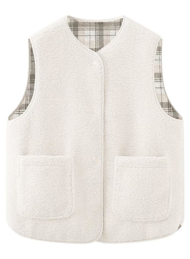 CUFEZN Women's Fuzzy Sherpa Fleece Vest Casual Reversible Plaid Sleeveless Warm Jacket Button Down Winter Outerwear, Beige, XL - Image 1