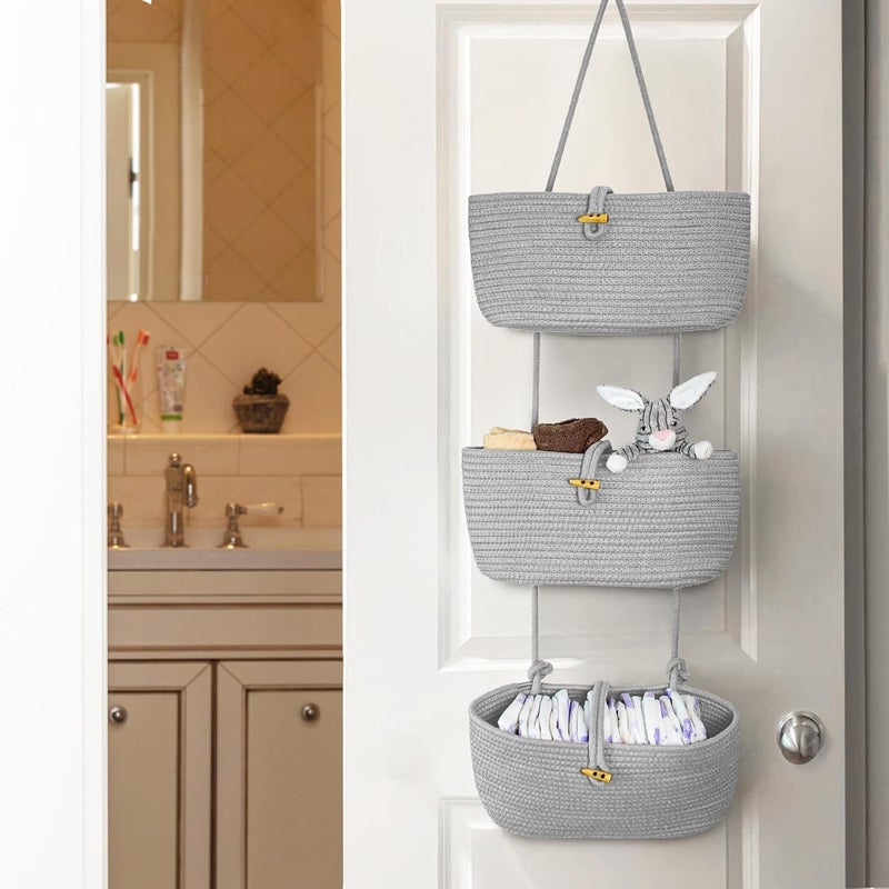 Excefore 3-Tier Hanging Cotton Rope Storage Basket, Over Door & Wall Mount Organizer for Nursery, Bathroom, Kitchen, Space Saving Storage for Home - Image 1