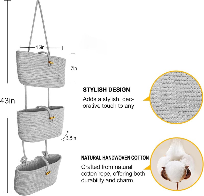 Excefore 3-Tier Hanging Cotton Rope Storage Basket, Over Door & Wall Mount Organizer for Nursery, Bathroom, Kitchen, Space Saving Storage for Home - Image 5