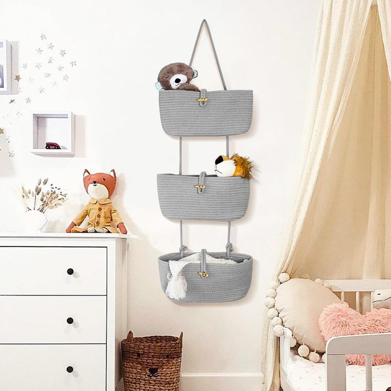 Excefore 3-Tier Hanging Cotton Rope Storage Basket, Over Door & Wall Mount Organizer for Nursery, Bathroom, Kitchen, Space Saving Storage for Home - Image 2