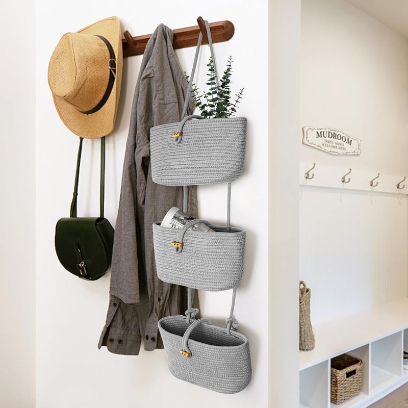 Excefore 3-Tier Hanging Cotton Rope Storage Basket, Over Door & Wall Mount Organizer for Nursery, Bathroom, Kitchen, Space Saving Storage for Home - Image 3