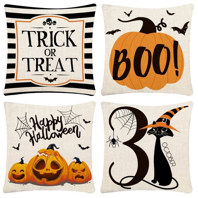 HALLOWEEN PILLOW COVERS 18X18 SET OF 4 TRICK OR TREAT PILLOW COVERS HAPPY HALLOWEEN LINEN SOFA BED THROW CUSHION COVER DECORATION