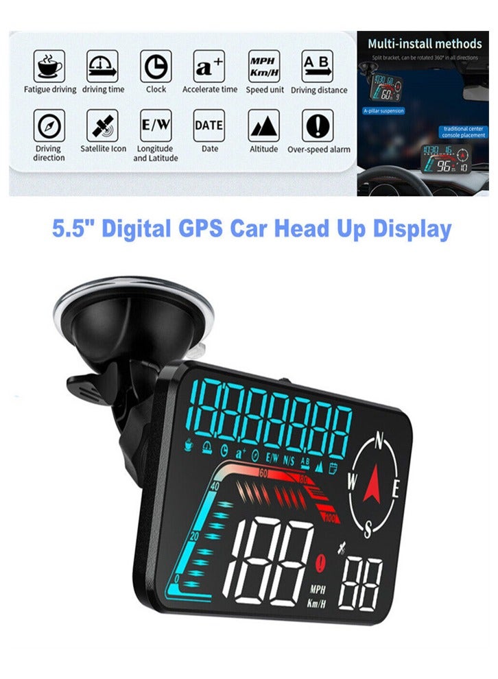 5.5in Digital GPS Car Head Up Display HUD Speedometer Overspeed Alarm with Holder - Image 1