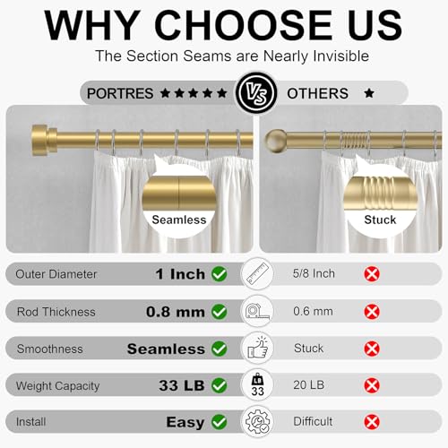 PORTRES Gold Heavy Duty Curtain Rods for Windows 28 to 48 Inches Adjustable Length 1" Diameter Curtain Rod with Modern Decorative Finials for Outdoor Farmhouse Bedroom Kitchen Living Room - Image 5