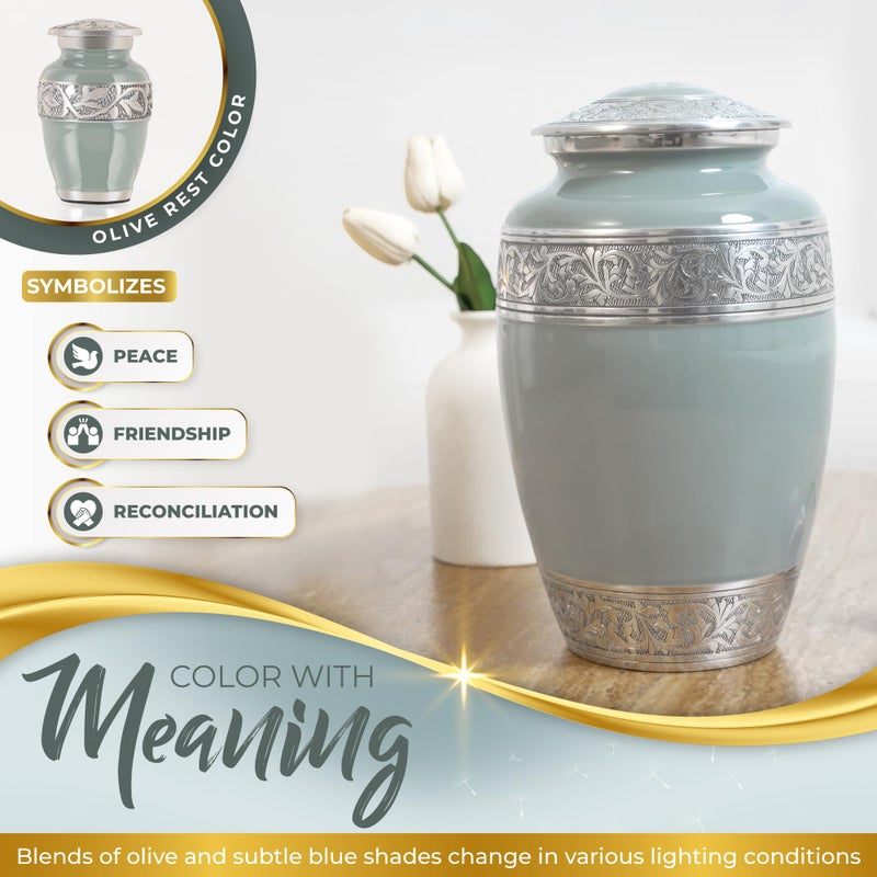 Spiritwind Set of 5 Stunning Cremation Urns for Human Ashes Adult Female or Male - Hand Engraved Cremation Urn Set of 5 with 1 Large Urn for Ashes with 4 Matching Mini Urns, Funnels & Bags (Olive Rest Color) - Image 3