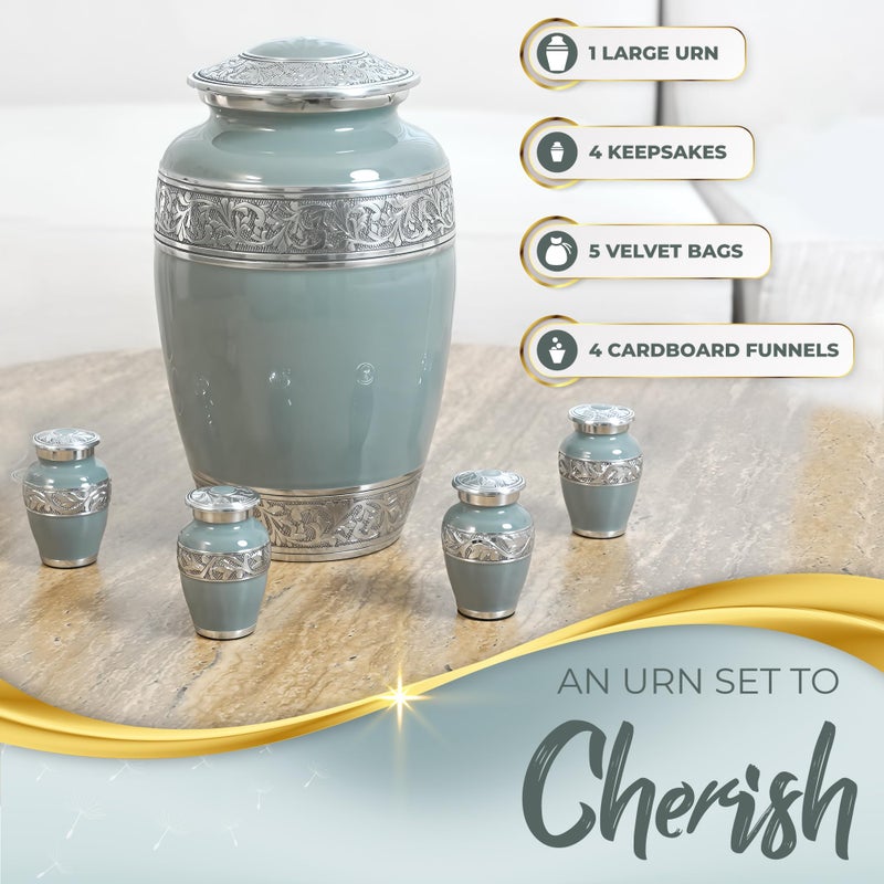 Spiritwind Set of 5 Stunning Cremation Urns for Human Ashes Adult Female or Male - Hand Engraved Cremation Urn Set of 5 with 1 Large Urn for Ashes with 4 Matching Mini Urns, Funnels & Bags (Olive Rest Color) - Image 2