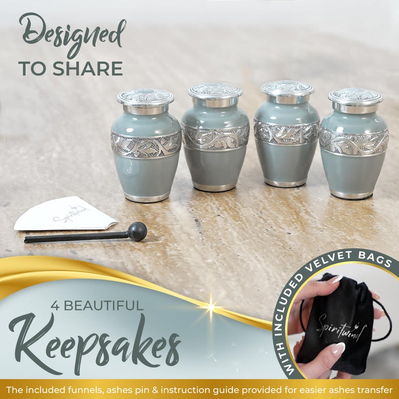 Spiritwind Set of 5 Stunning Cremation Urns for Human Ashes Adult Female or Male - Hand Engraved Cremation Urn Set of 5 with 1 Large Urn for Ashes with 4 Matching Mini Urns, Funnels & Bags (Olive Rest Color) - Image 4