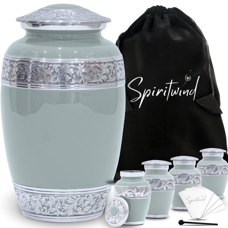 Spiritwind Set of 5 Stunning Cremation Urns for Human Ashes Adult Female or Male - Hand Engraved Cremation Urn Set of 5 with 1 Large Urn for Ashes with 4 Matching Mini Urns, Funnels & Bags (Olive Rest Color) - Image 1