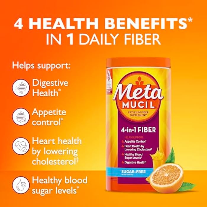 Metamucil مكمل ألياف ميتاميوسيل 4 في 1 من قشور السيليوم، خالي من السكر، 72 ملعقة صغيرة، بنكهة البرتقال، مسحوق ألياف يومي لصحة الجهاز الهضمي، مصنوع من ألياف قشور السيليوم النباتية - Image 3