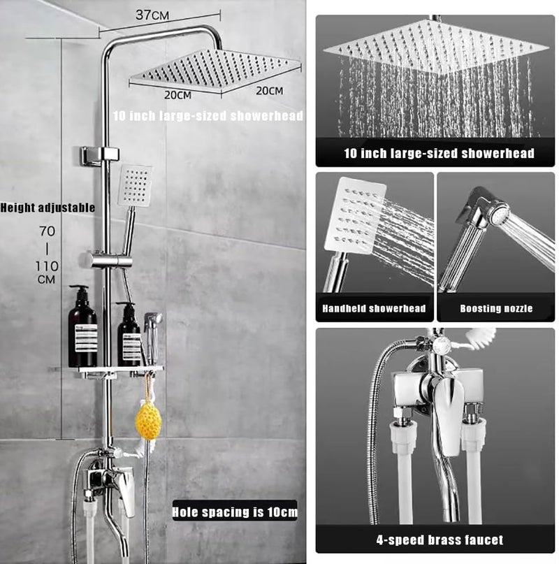 Bathroom Shower Set, Copper Plating Large Square Head Handheld Shower Wall Mount Triple Function Rainfall Shower Thermostatic Valve Mixer Set Bathroom Shower Liftable Shower Column (Grey) - Image 5