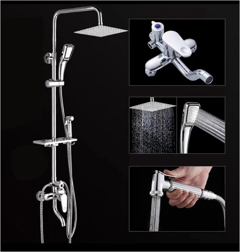 Bathroom Shower Set, Copper Plating Large Square Head Handheld Shower Wall Mount Triple Function Rainfall Shower Thermostatic Valve Mixer Set Bathroom Shower Liftable Shower Column (Grey) - Image 1